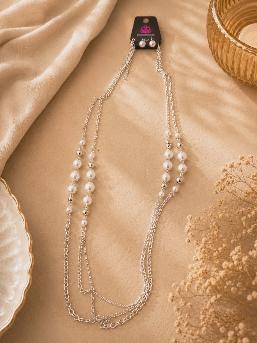 Paparazzi Silver and White Layered Pearl Chain Necklace